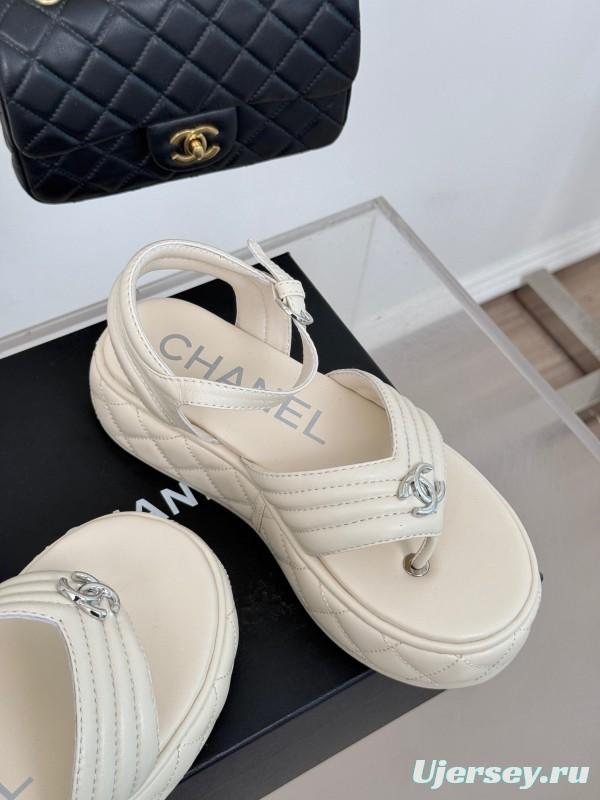 2025 Women Chanel White Leather Sandals