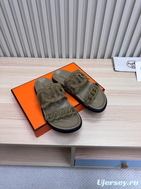 2025 Women Hermès Khaki Suede Slippers
