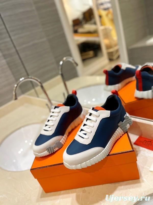 2024 Unisex Hermès Blue White Orange Imported Silk Lambskin Nubuck Sneakers MJ00320