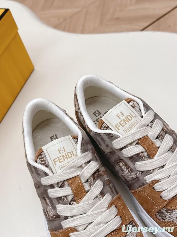 2025 Women Fendi Brown Beige Leather Mesh Sneakers LY00340