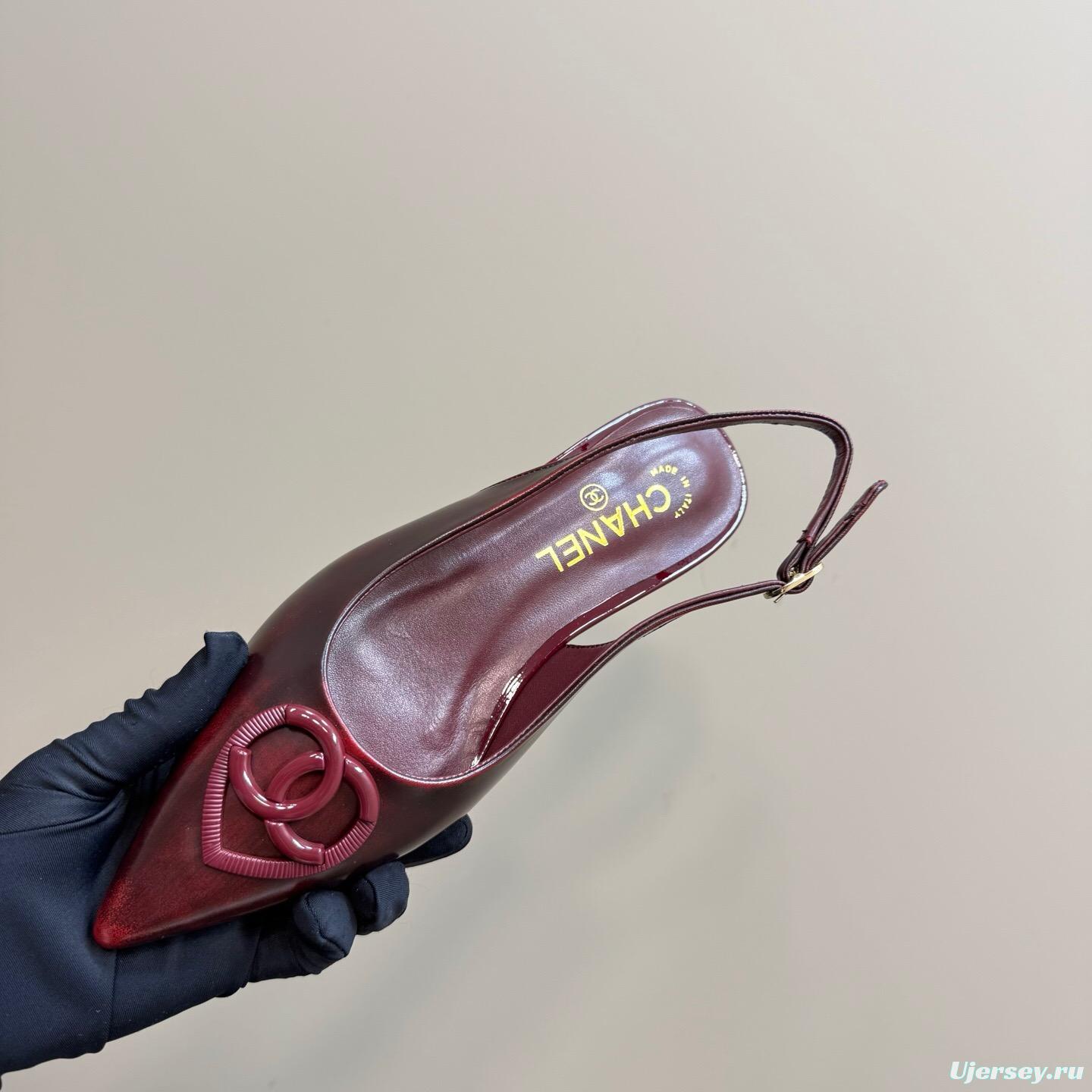 2025 Women Chanel Bordeaux Leather Slingback Sandals KFY00290