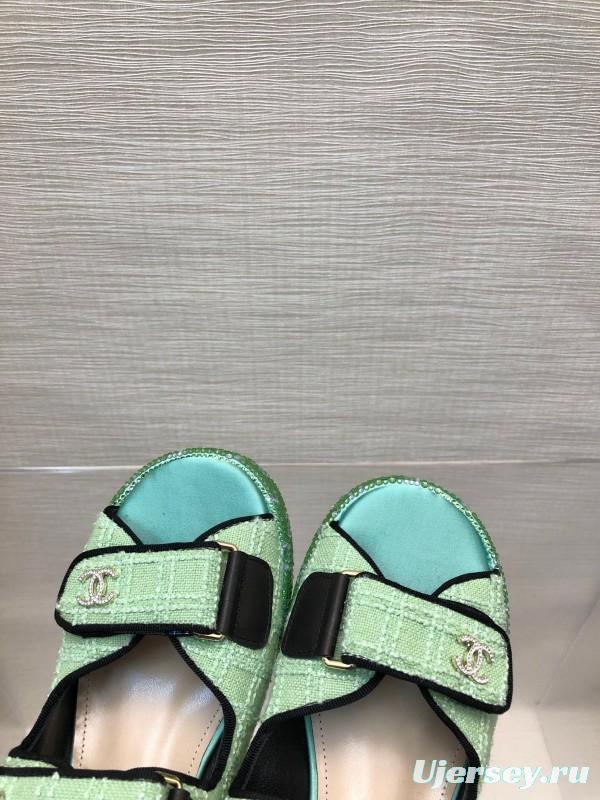 2025 Slippers Chanel Mint Green Textile Platform Sandals LY00330