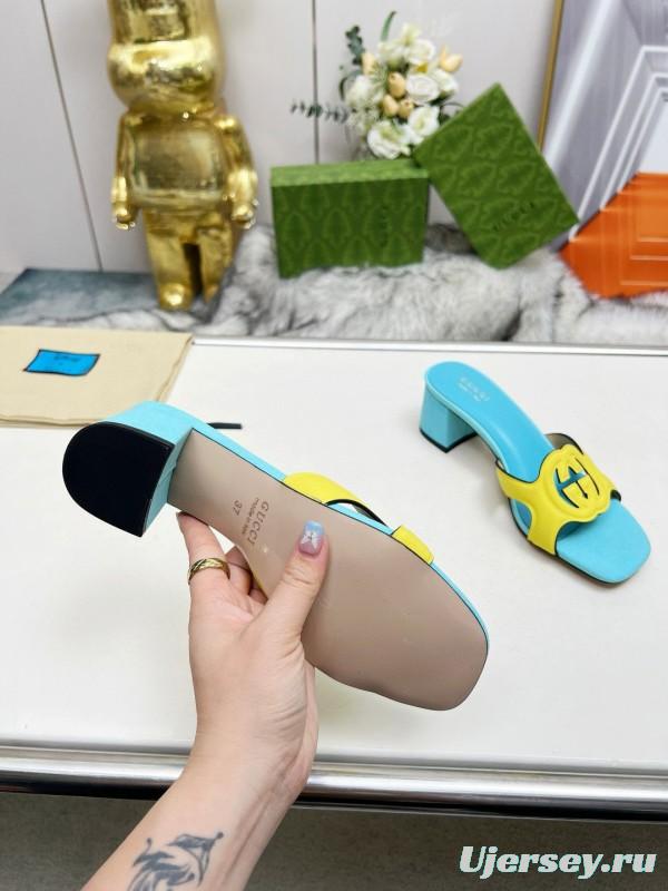 2025 Gucci Blue Yellow Leather Slippers