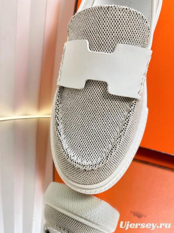 2025 Women Hermès White Mesh Leather Casual Loafers LY00310