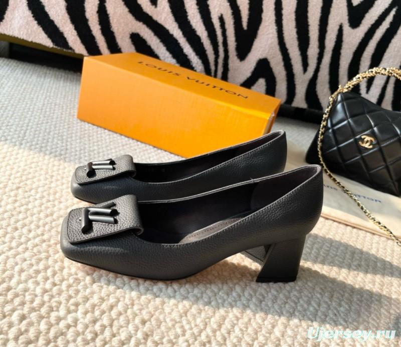 2024 Women Louis Vuitton Black Leather Mid Heel Pumps