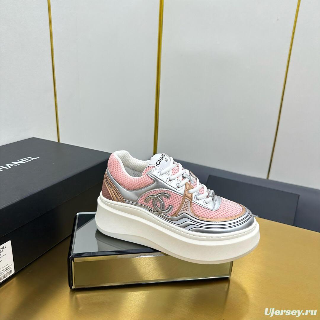 2025 Women Chanel Pink Silver Leather Mesh Sneakers