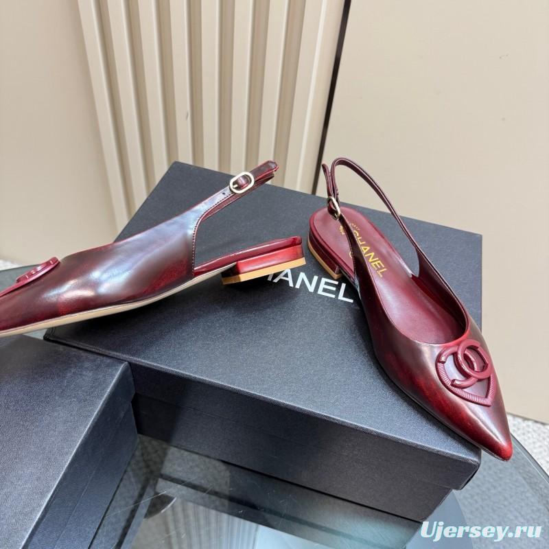 2025 Women Chanel Bordeaux Leather Slingback Sandals KFY00290