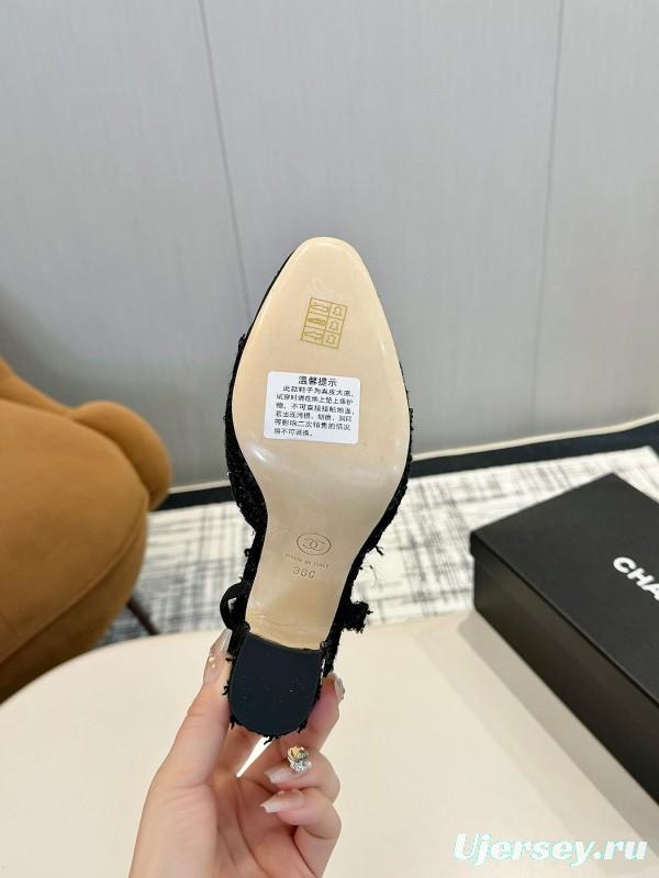 2025 Women Chanel Black Fabric Leather Slingback Heels