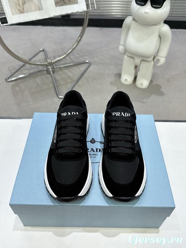 2025 Women Prada Black Leather Mesh Sneakers KFY00310