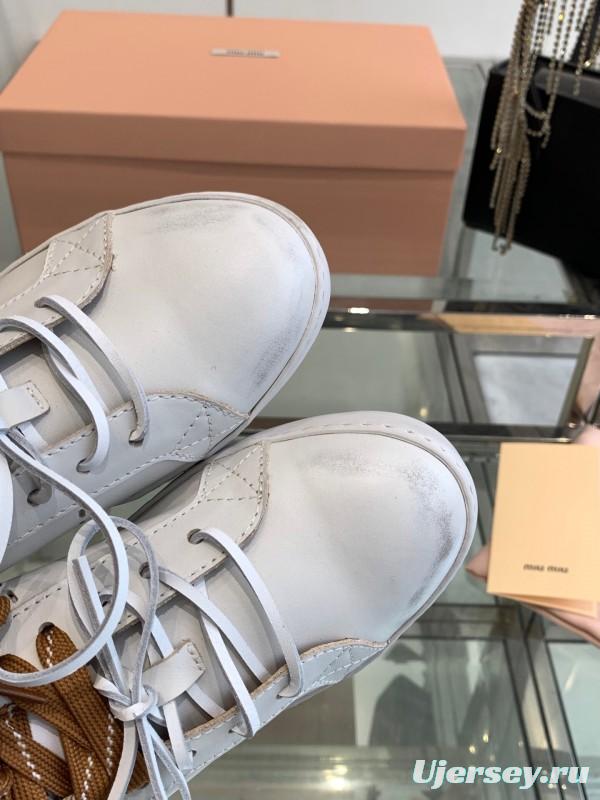 2025 Women Miu Miu White Brown Leather Sneakers LY00290