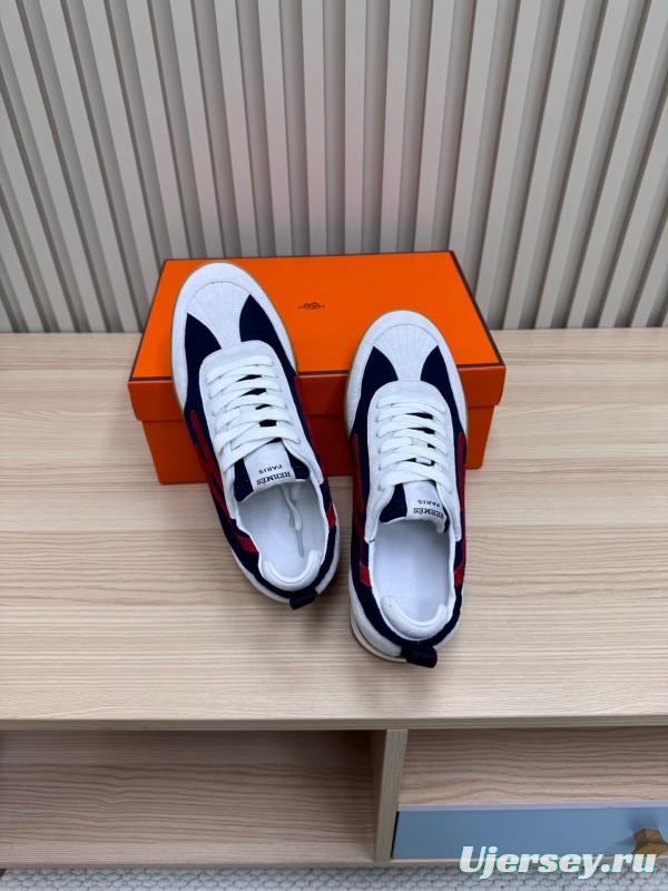 2025 Unisex Hermès White Navy Red Suede Down Fabric Sneakers KFY00300