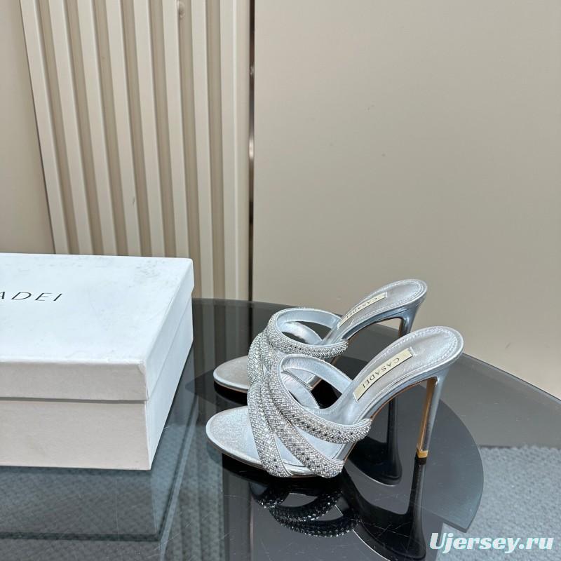 2025 Women Casadei Silver Leather High Heel Crystal Embellished KFY00290