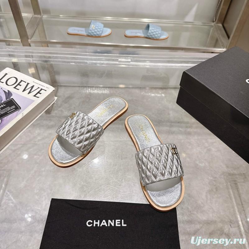 2025 Slippers Chanel Silver Leather Slippers