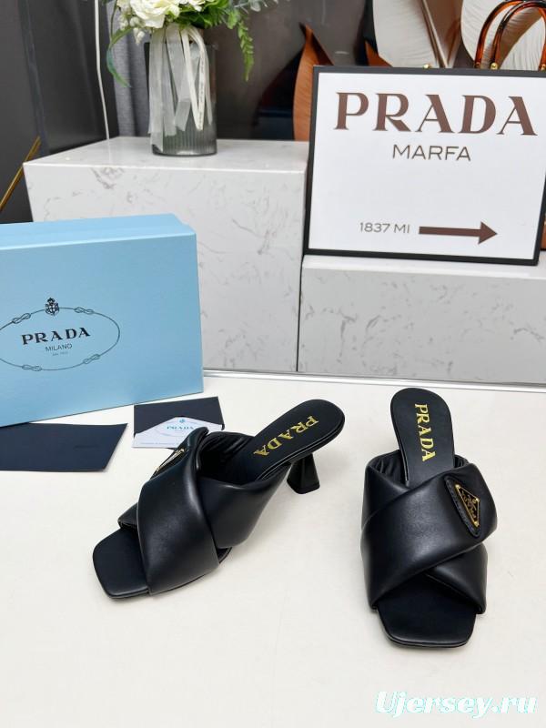 2025 Women Prada Black Leather Slippers LY00270