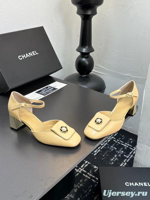 2025 Women CHANEL Beige Lambskin Mid Heel Ankle Strap Square Toe Pumps