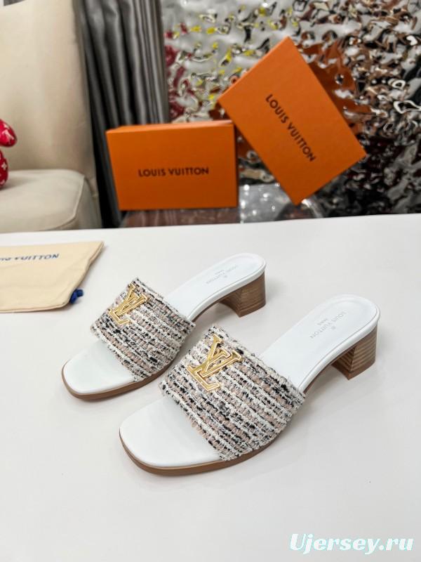 2025 Women Louis Vuitton White Brown Tweed Leather Sandals LY00220