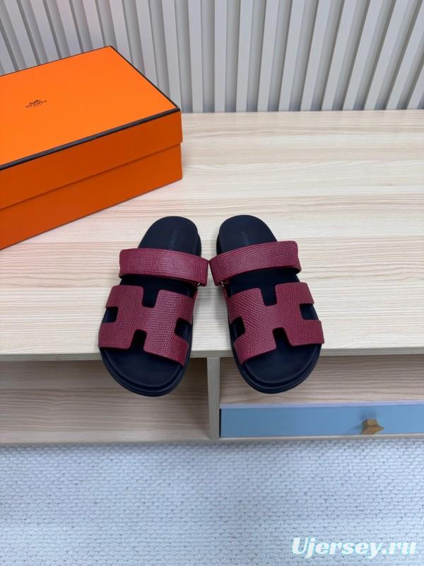 2025 Slippers Hermès Burgundy Black Leather Slide KFY00260