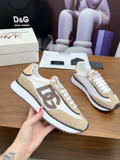 2025 Unisex Dolce & Gabbana White Beige Suede Mesh Sneakers LY00300