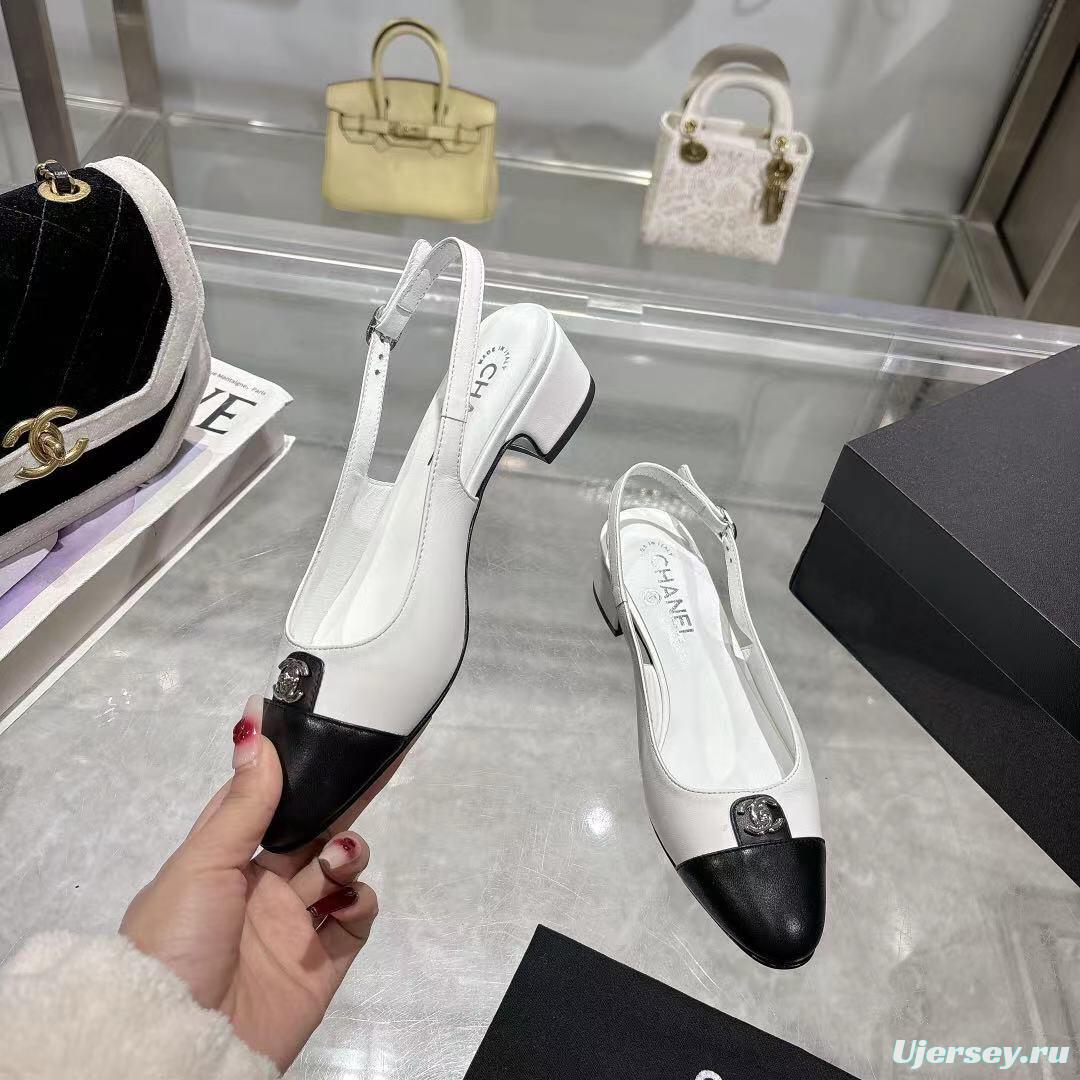 2025 Women Chanel White Black Leather Slingback Heels LY00300