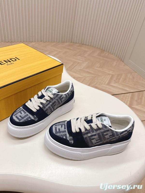 2025 Women Fendi Navy Grey Leather Canvas Sneakers LY00340
