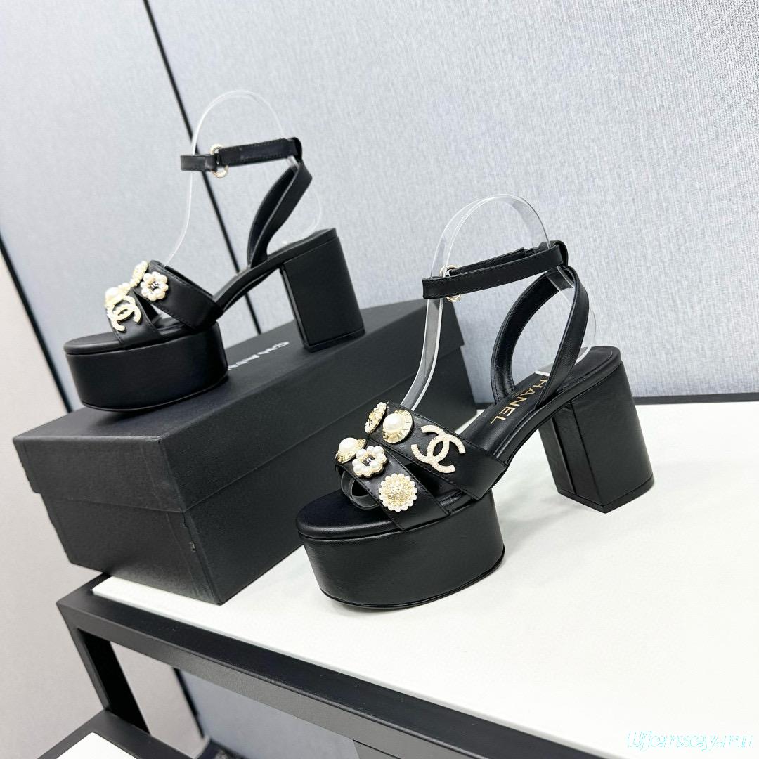2025 Women Chanel Black Leather Platform Sandals MJ00310