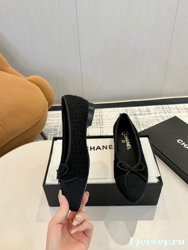 2025 Women Chanel Black Lambskin Tweed Ballet Flats LY00250