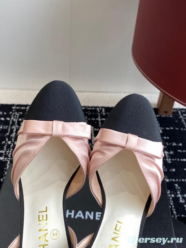 2025 Women Chanel Pink Black Satin Leather Slingback Heels KFY00289
