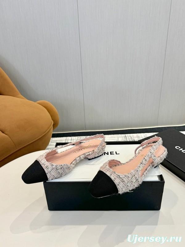 2025 Women Chanel Pink Black Mixed Leather Tweed Slingback Flats