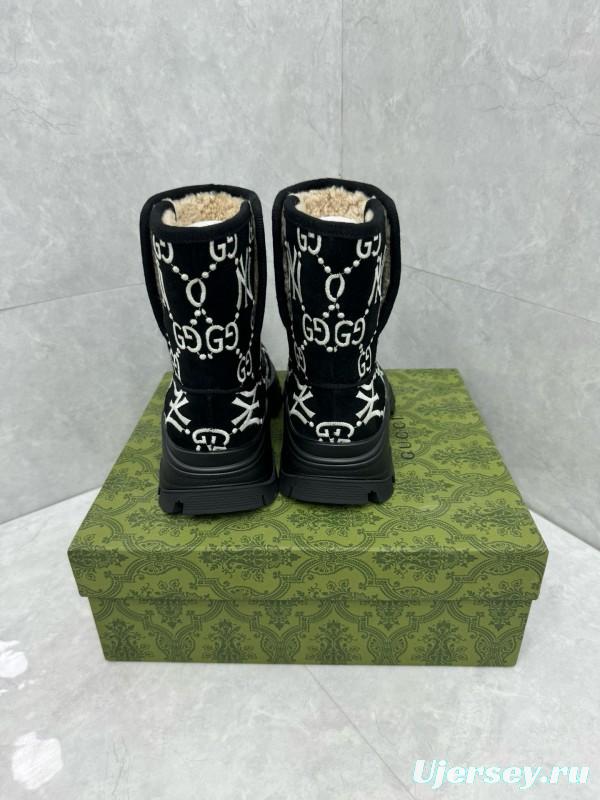 2024 Women Gucci Black White Suede Snow Boots GG NY Embroidery MJ00370