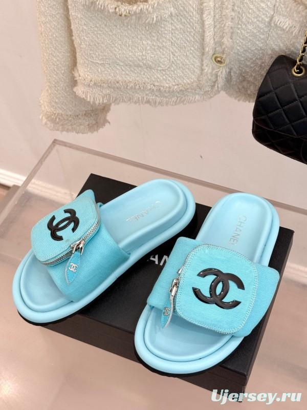 2025 Slippers Chanel Blue Fabric Slippers KFY00220