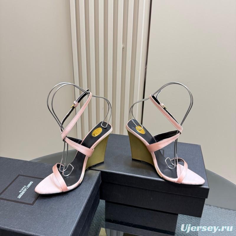 2025 Women Yves Saint Laurent Pink And Olive Silk Wedge Sandals Elegant Design KFY00290(F)
