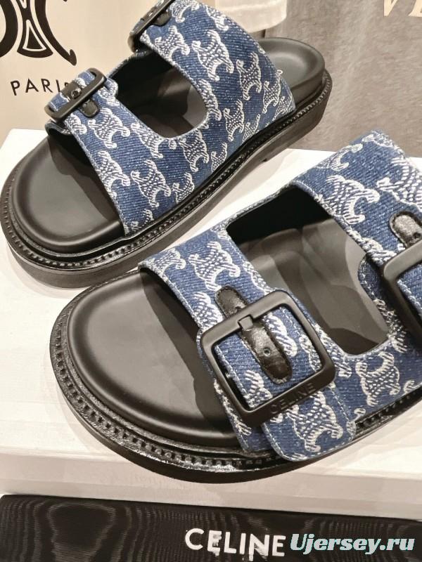 2025/Unisex CELINE Blue Denim Buckled Slide Sandals Stylish Comfort KFY00280