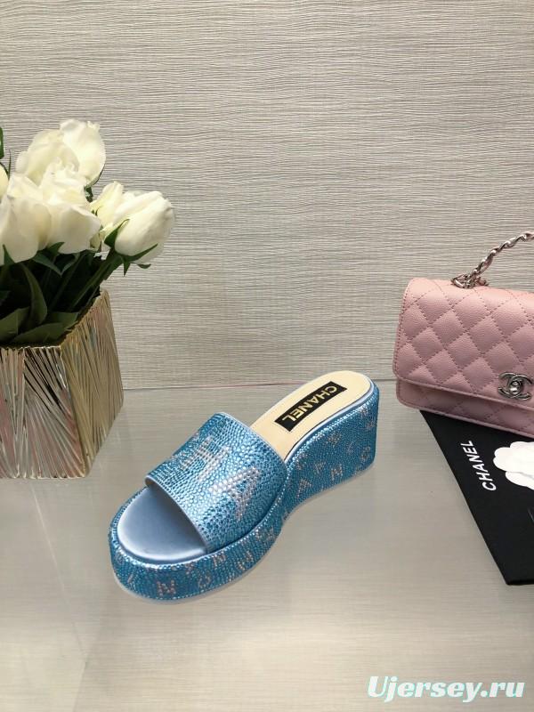 2025 Women Chanel Blue Fabric Platform Slippers LY00320