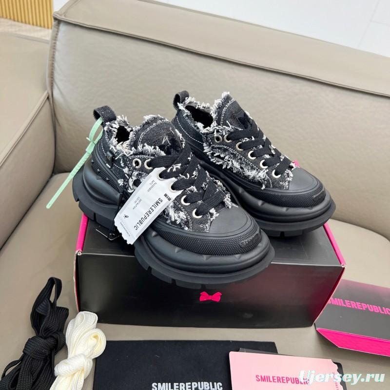 2025 Women SmileRepublic Black Tweed Leather Canvas Chunky Sneakers LY00291
