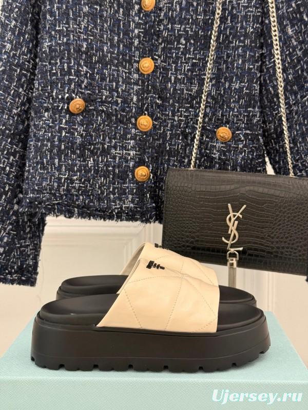 2025 Women Prada Beige Leather Platform Sandals