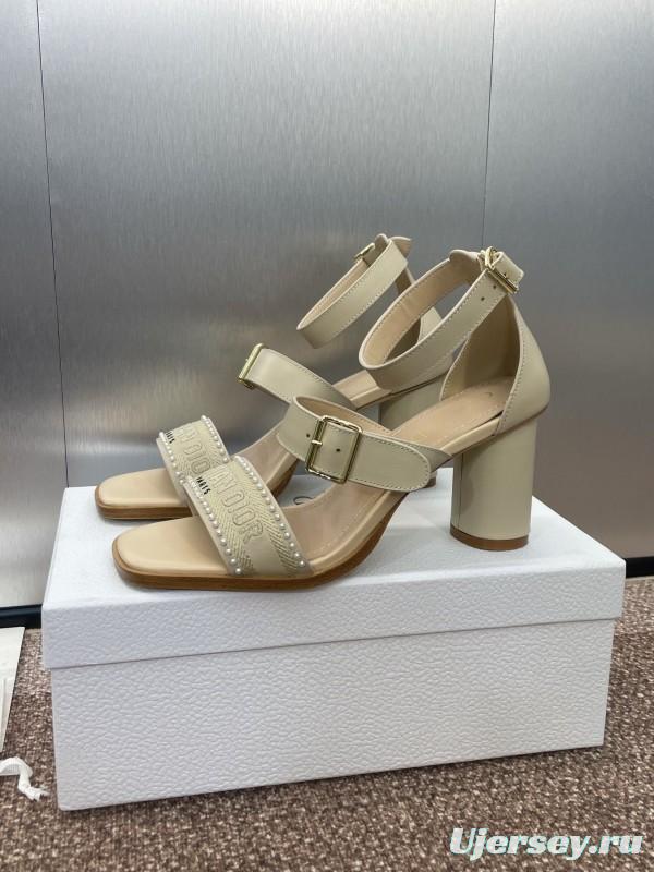2025 Women Dior Beige Leather Sandals Ankle Strap KFY00320