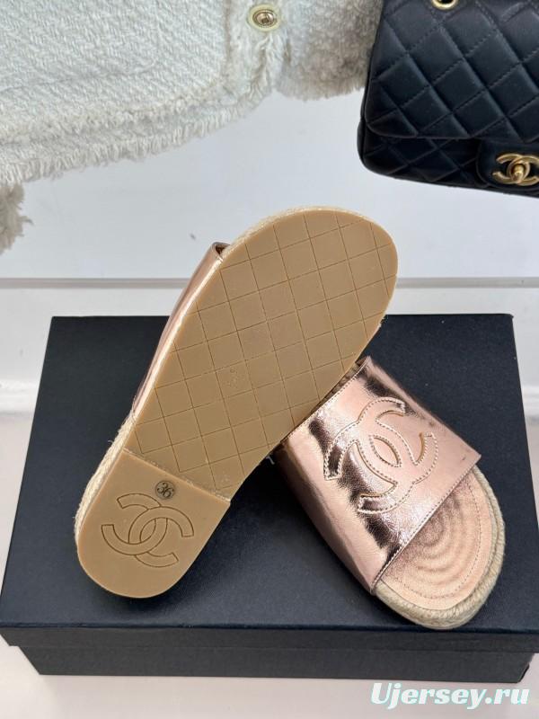 2025 Slippers Chanel Rose Gold Leather Women Espadrille Handmade KFY00230