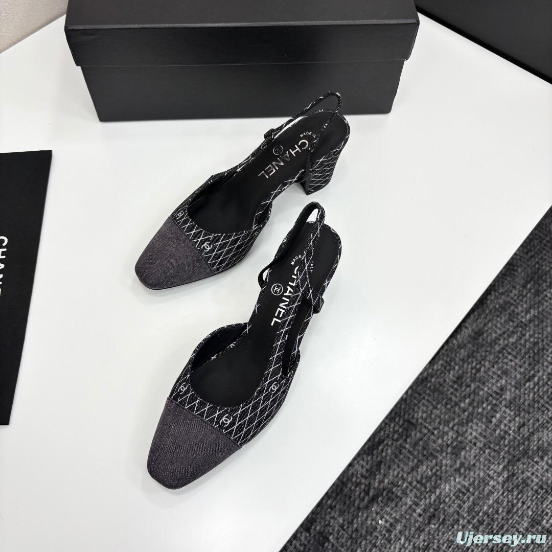 2025 Women Chanel Black White Fabric Slingback Heel LY00240