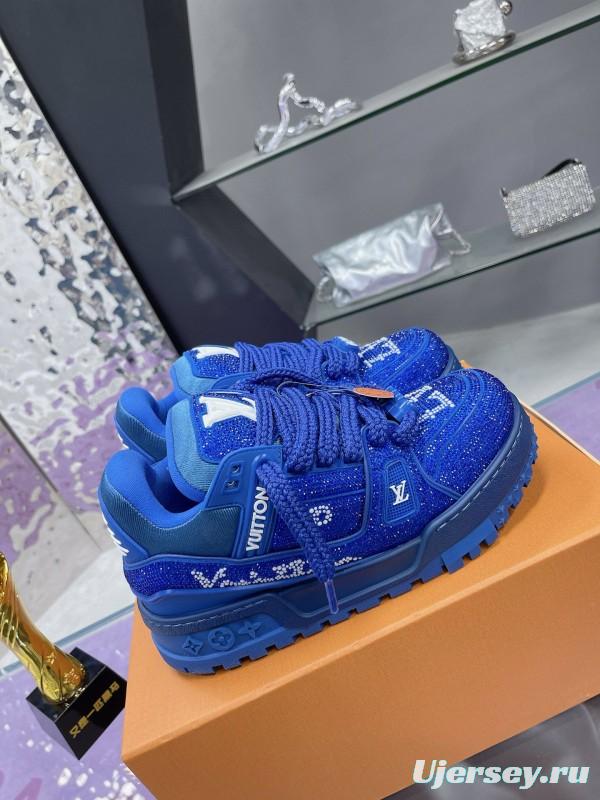 2024 Unisex Louis Vuitton Blue Rhinestone Trainer Sneakers Heat Pressing MJ00430