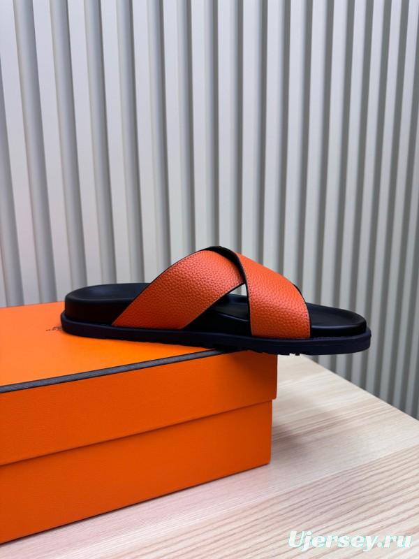 2025 Slippers Hermès Orange Black Leather Slippers