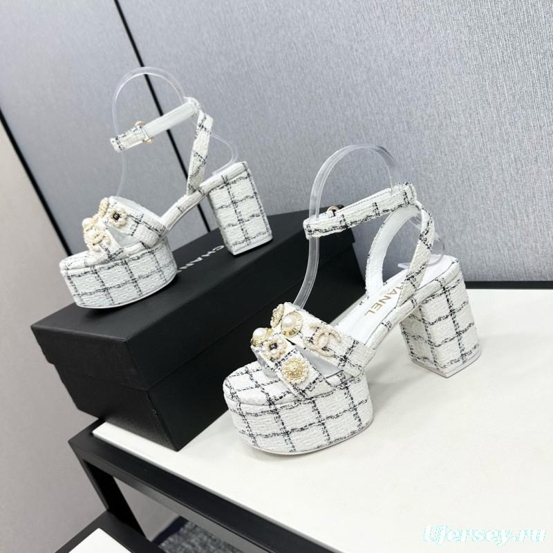 2025 Women Chanel White Black Tweed Platform Sandals