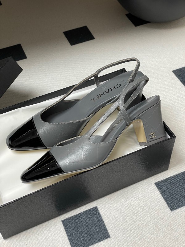 2025 Women Chanel Grey Black Leather Sling-back Heel