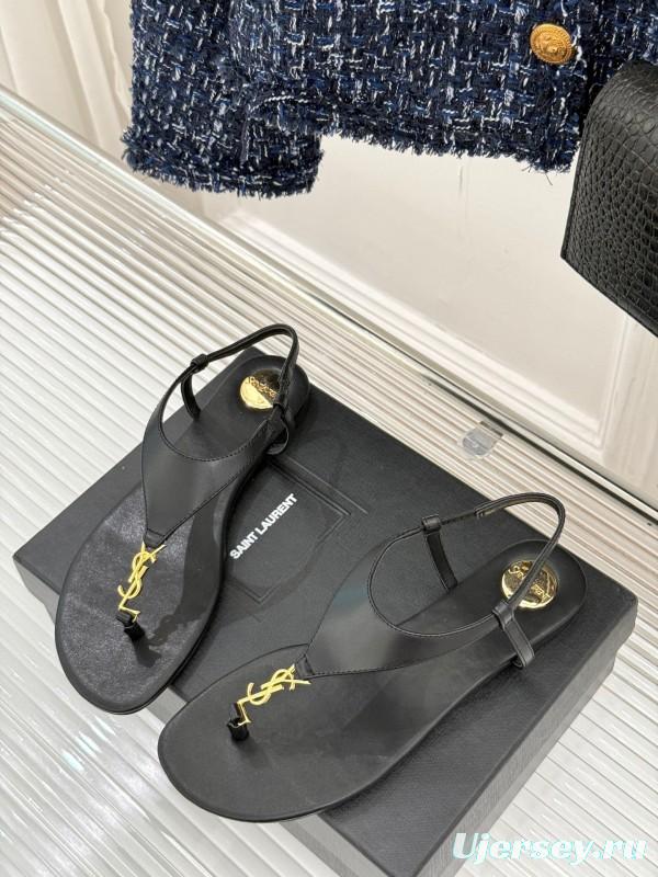 2025 Women Yves Saint Laurent Black Leather Sandals KFY00270