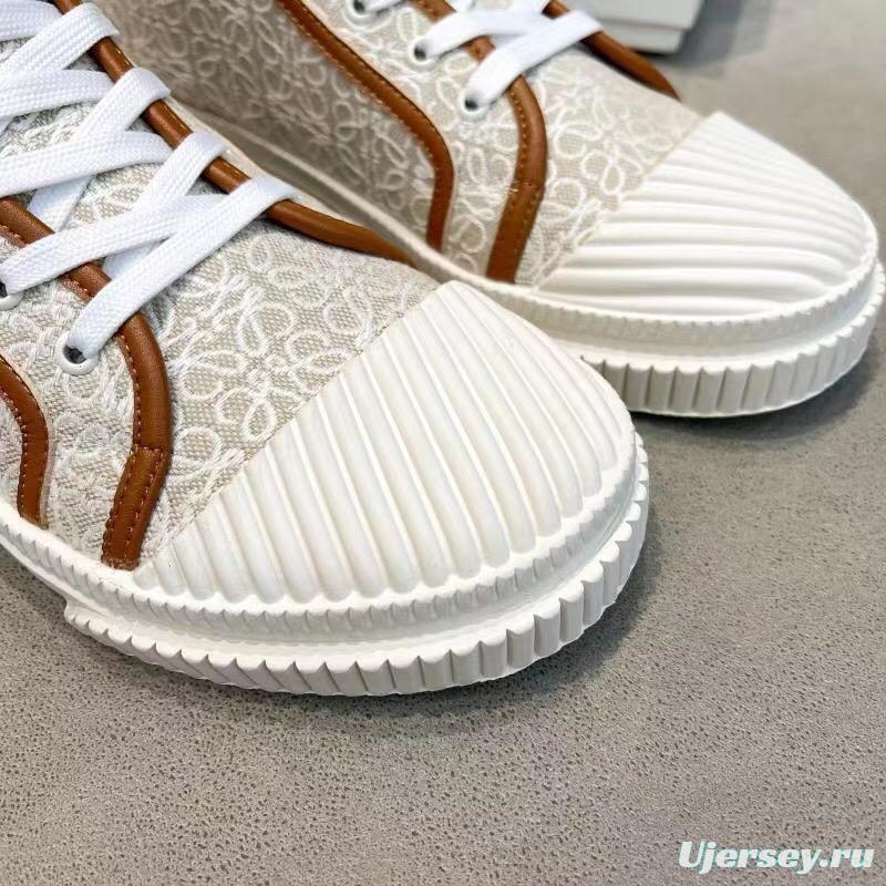 2025 Women Loewe White Brown Canvas High-top Sneakers LY00420