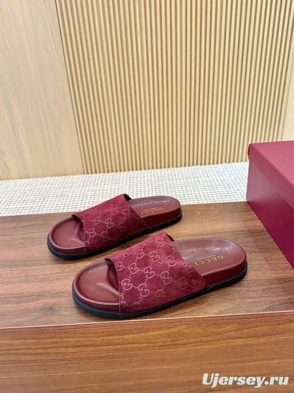2025 Women Gucci Red Suede Leather Slippers
