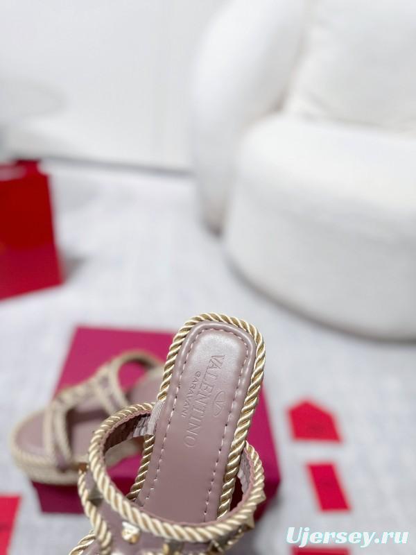 2025 Women Valentino Beige Rope Leather Wedge Sandals LY00290