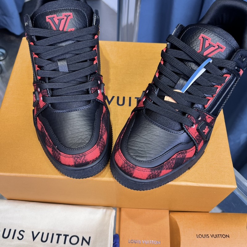 2025 Unisex Louis Vuitton Black Red Leather Sneakers