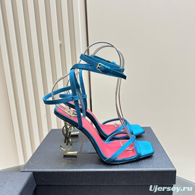 2025 Women Yves Saint Laurent Blue Silk High Heel Sandals KFY00290
