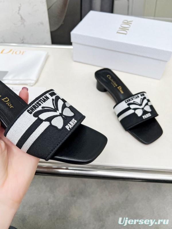 2025 Women Dior Black White Fabric Leather Mid-heel LY00200