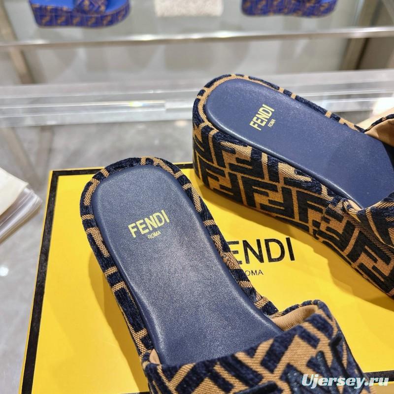 2025 Slippers Fendi Blue Brown Canvas Platform FF Jacquard KFY00240